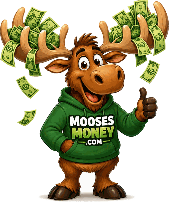 Moose's Money mascot — a cartoon moose in a green hoodie with cash in his antlers, giving a thumbs up